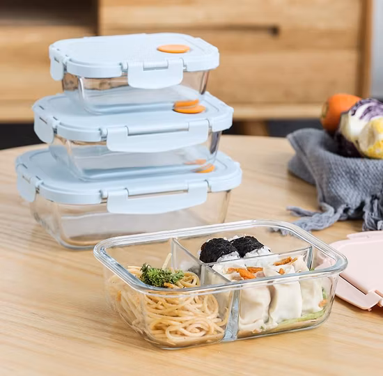 Recipiente de armazenamento de alimentos de vidro borossilicato com tampa hermética de bambu/lancheira Bento